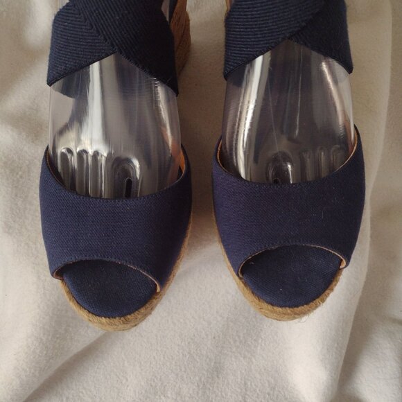 Tory Burch Natanya Wedge Espadrilles 9 Navy Blue Sandals w Elastic Ankle Straps - Picture 7 of 10